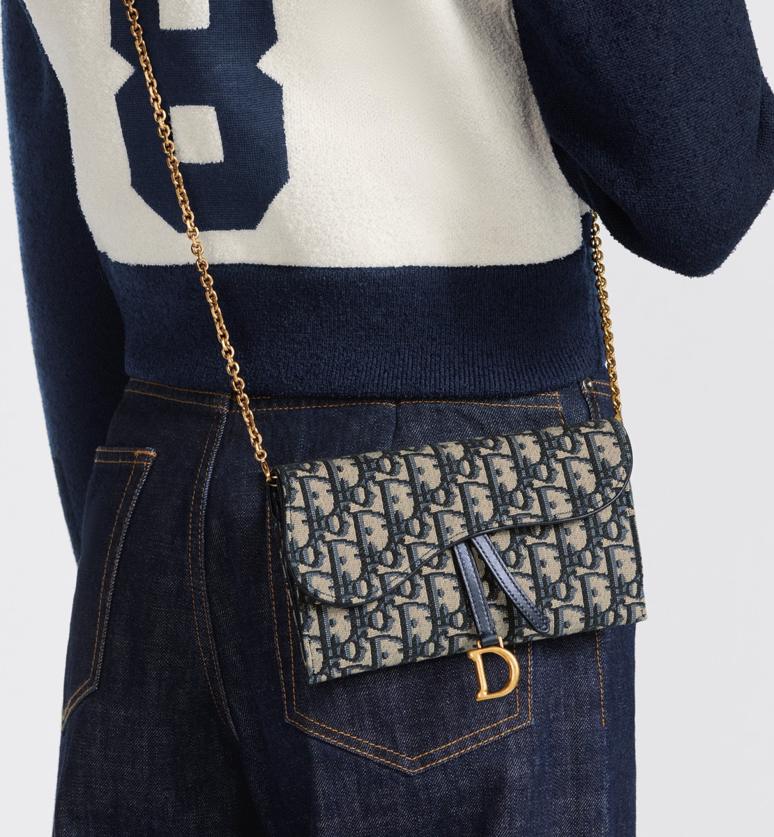 Long portefeuille à chaîne Saddle Toile jacquard Dior Oblique bleu