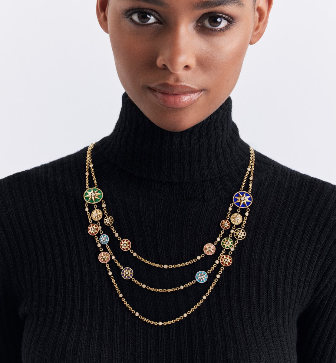 Collier Rose des Vents Or jaune, rose et blanc, diamants et pierres dures
