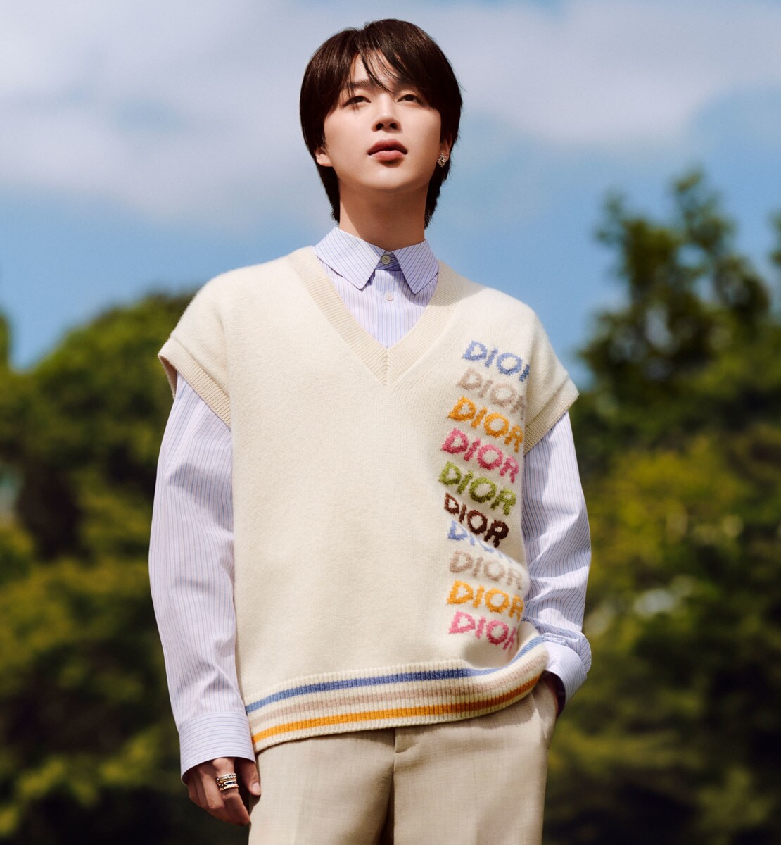 Pull sans manches Intarsia de laine et cachemire beiges