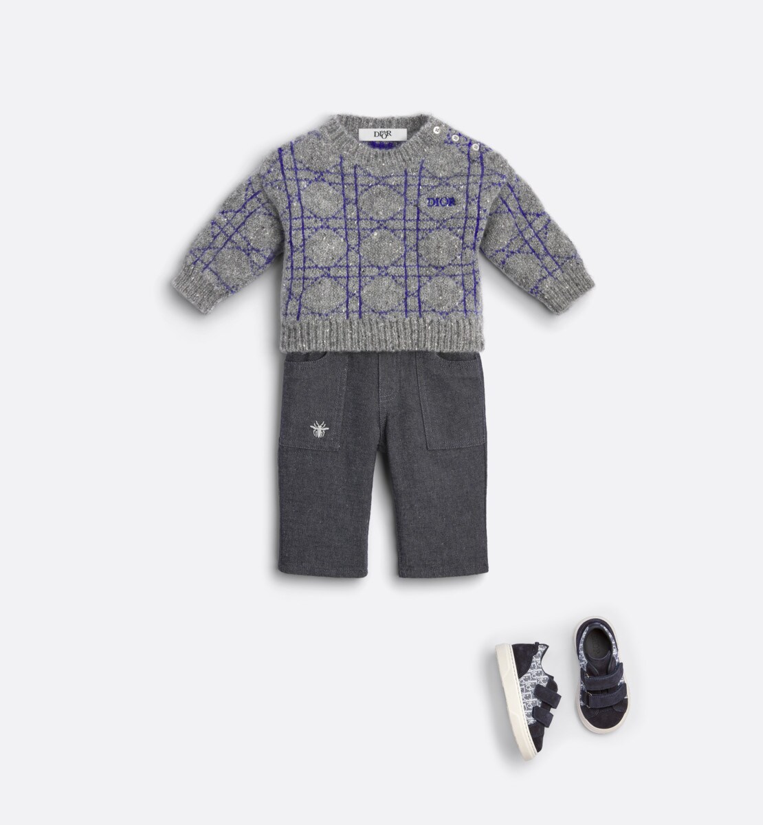 Pull bébé Maille de coton, laine et alpaga moulinés gris jacquard Cannage bleu