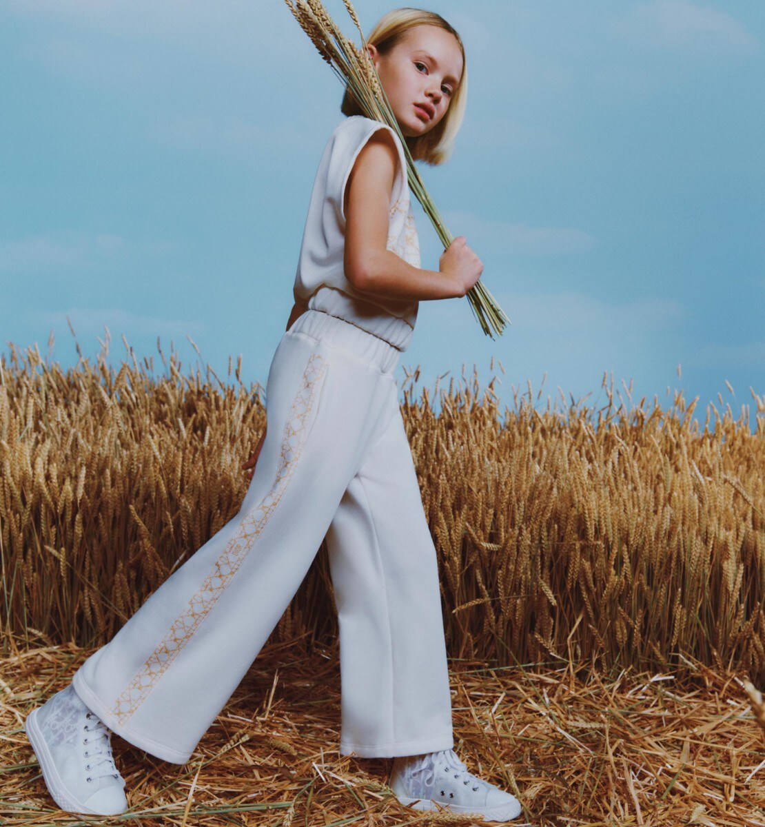 Pantalon ample enfant Molleton de coton mélangé ivoire Cannage doré pâle