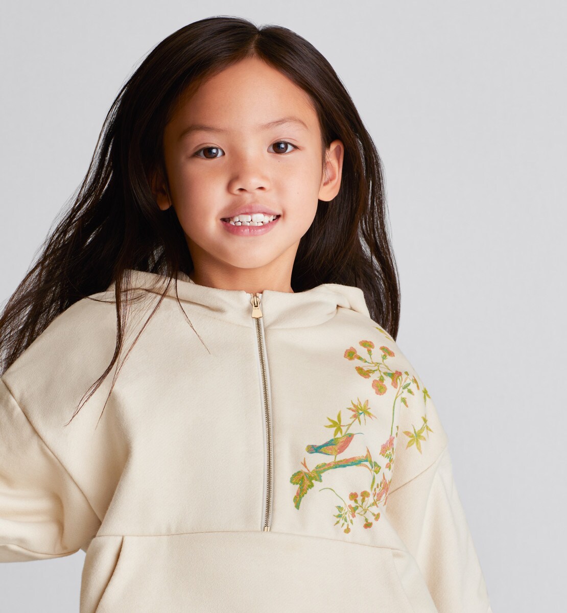 Sweatshirt à capuche enfant Molleton de coton beige clair imprimé floral