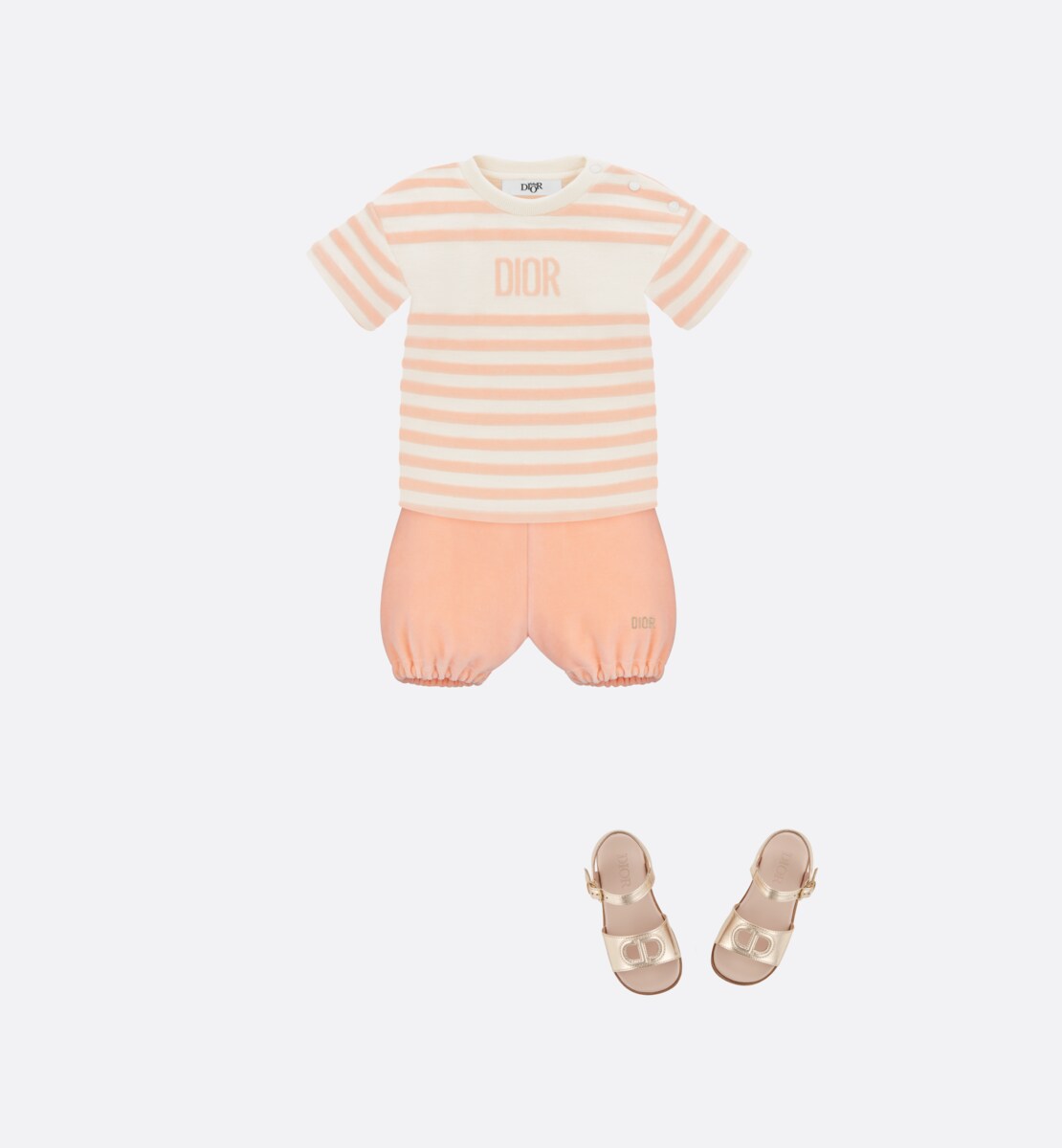 T-shirt bébé Jersey jacquard velours ivoire à rayures rose corail clair