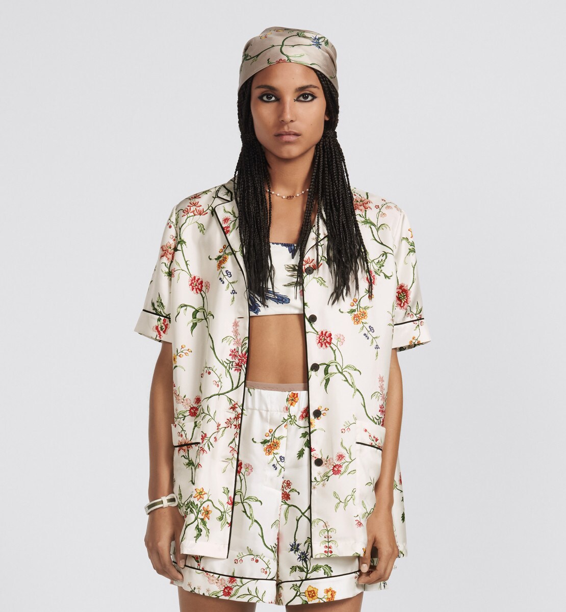Chemise à manches courtes Twill de soie blanche à motif Dior Petites Fleurs multicolore