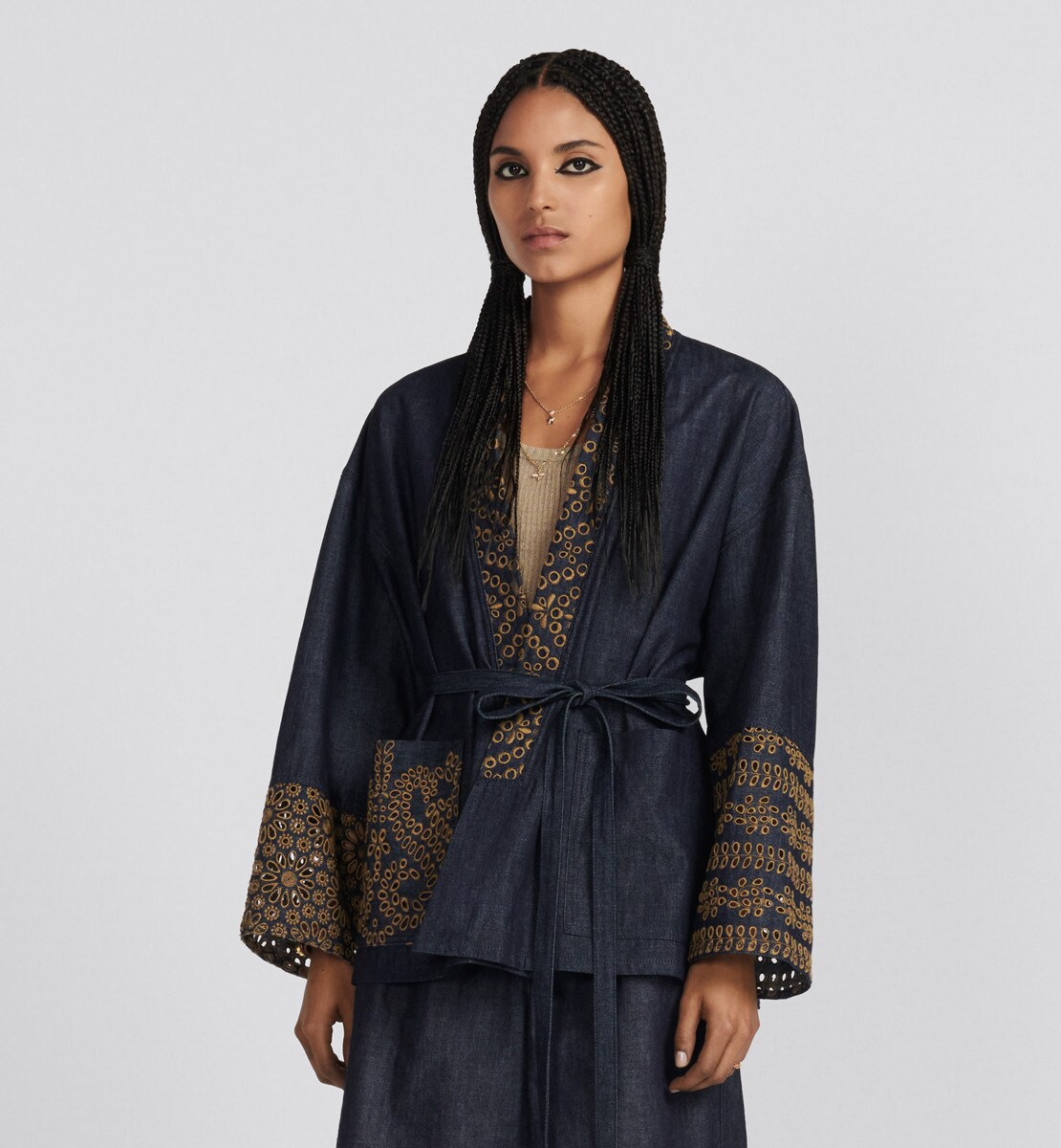 Veste Palto ceinturée Denim de coton à motif Saint-Gall bleu foncé