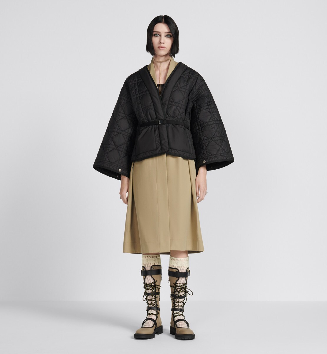 Trench à veste détachable Macrocannage Gabardine de coton beige et taffetas technique matelassé noir