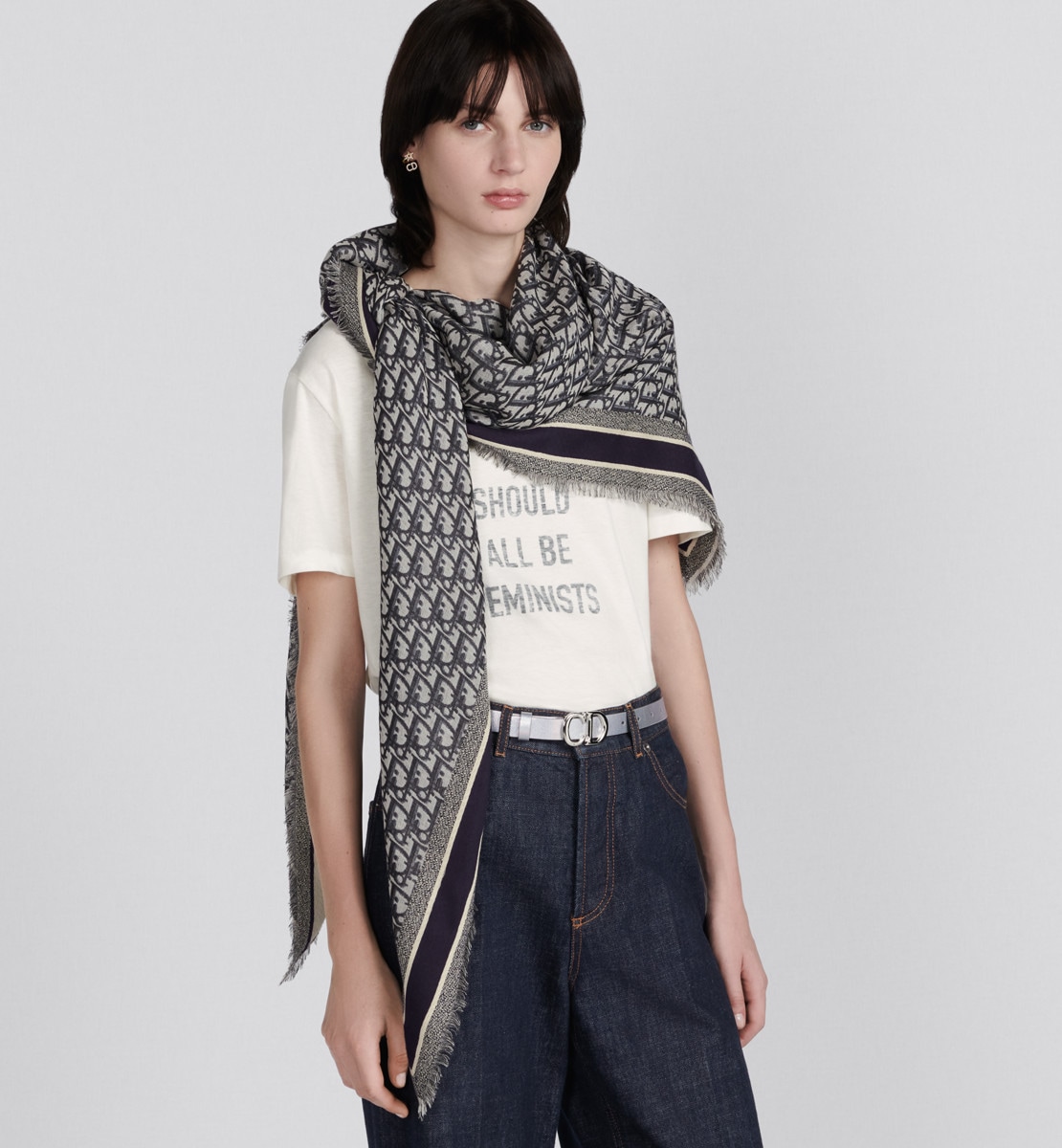 Châle D-Oblique Laine, soie et coton bleu marine