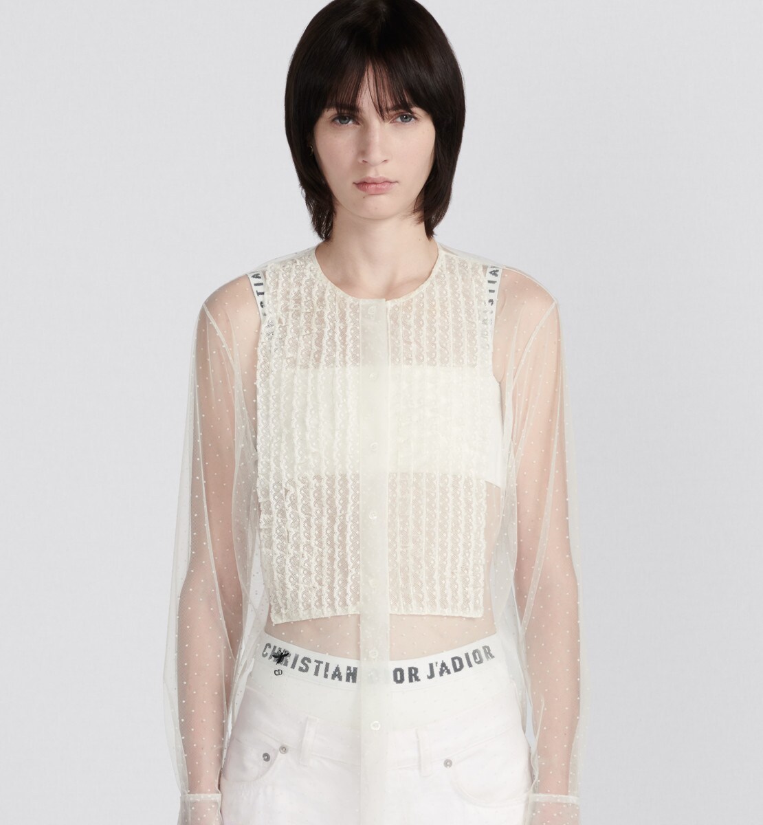 Blouse transparente à plastron intégré Tulle plumetis écru