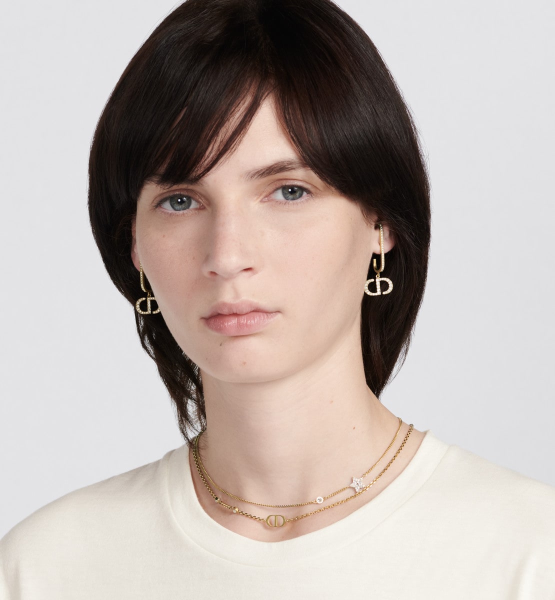 Collier double Petit CD Métal finition dorée et cristaux blancs