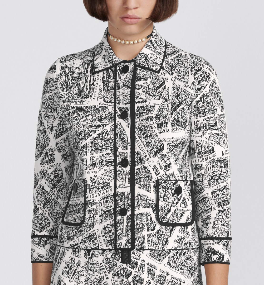 Veste courte Maille technique à motif Plan de Paris blanc et noir