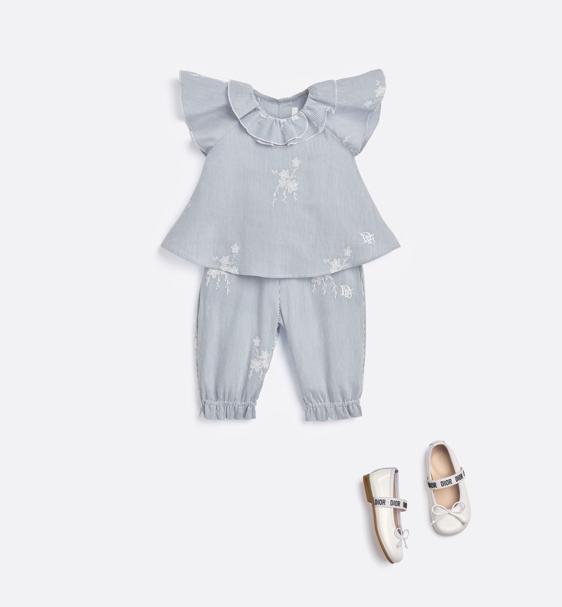 Blouse bébé Popeline de coton et soie à rayures bleu marine brodée du motif floral saisonnier ivoire