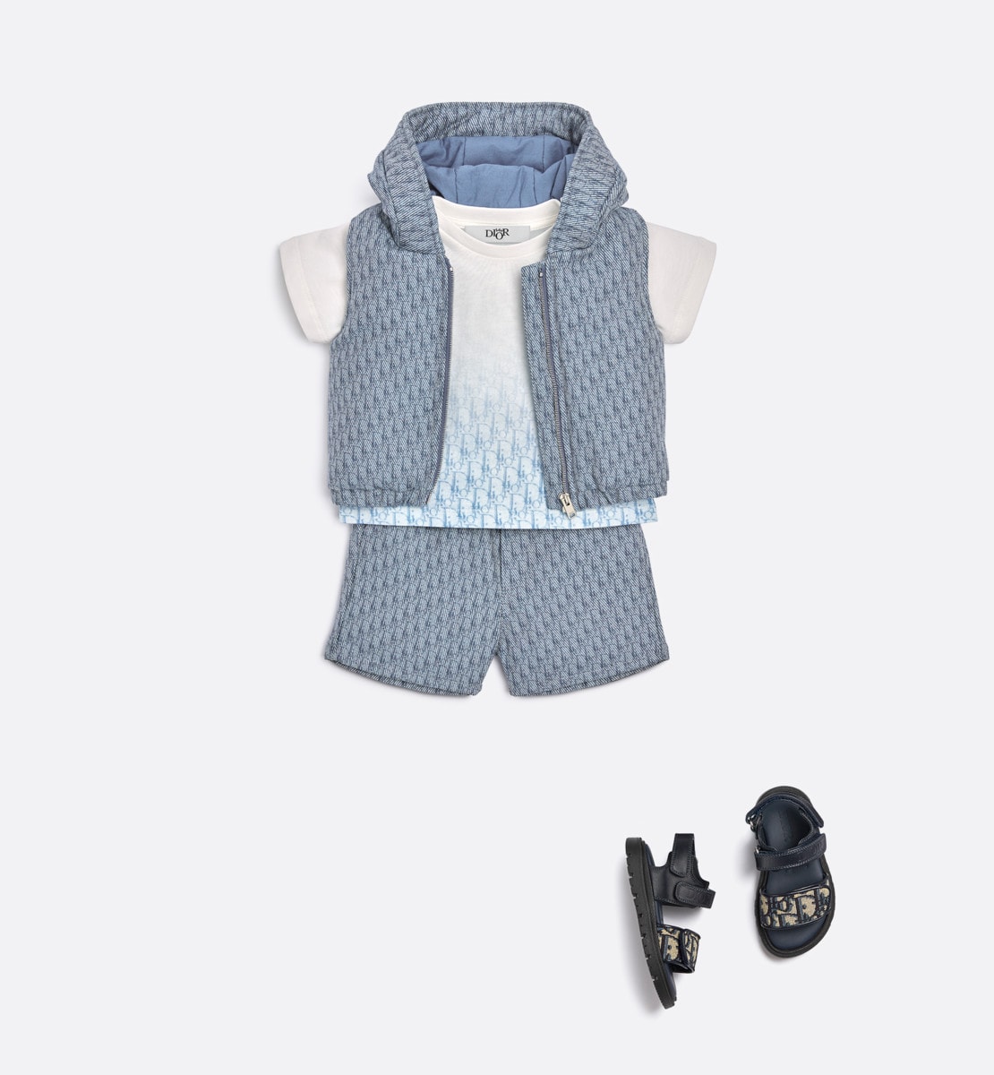 Sandale bébé Cuir de veau bleu marine et toile jacquard Dior Oblique beige et noir
