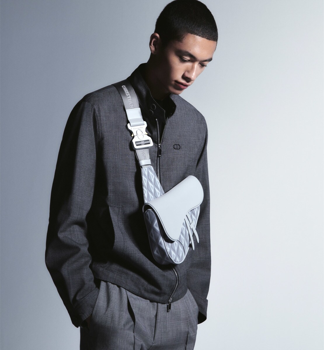 Blouson forme Harrington à motif micro pied-de-poule Toile de laine grise