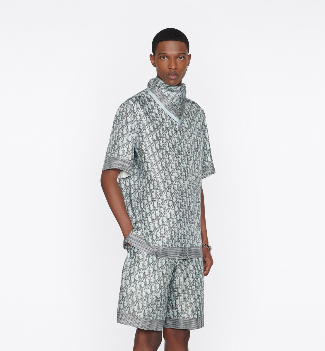 Chemise à manches courtes Dior Oblique Sergé de soie bleu clair