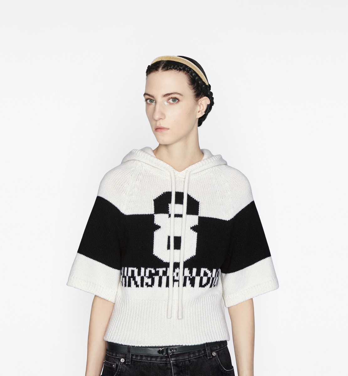 Pull à capuche et manches trois-quarts Maille de laine et cachemire noirs et blancs à signature
