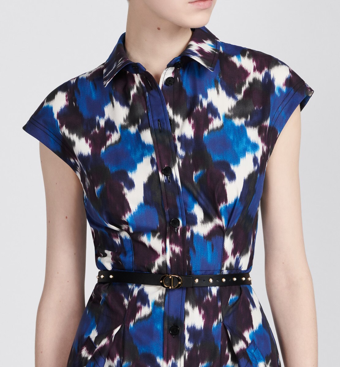 Robe-chemise mi-longue ceinturée Popeline de coton et soie à motif Dior Roses bleu multicolore