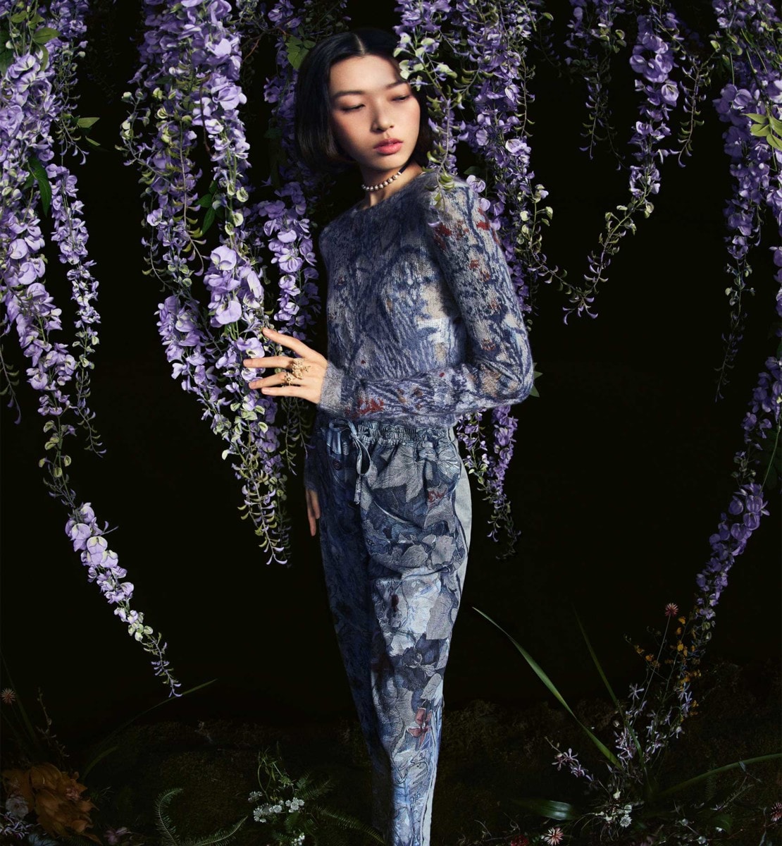 Pantalon ample Denim de coton à motif Dior Jardin Magique bleu